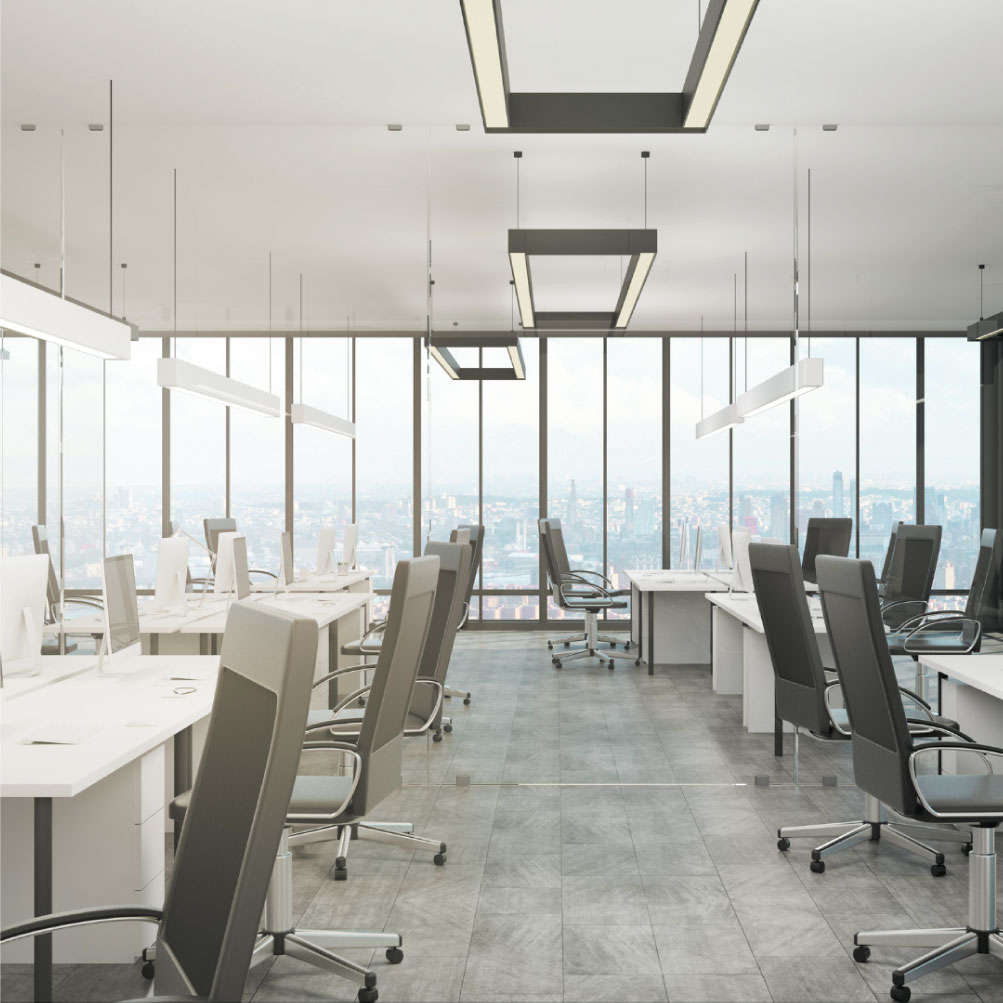 IMage showing cleaned office space with many chairs.