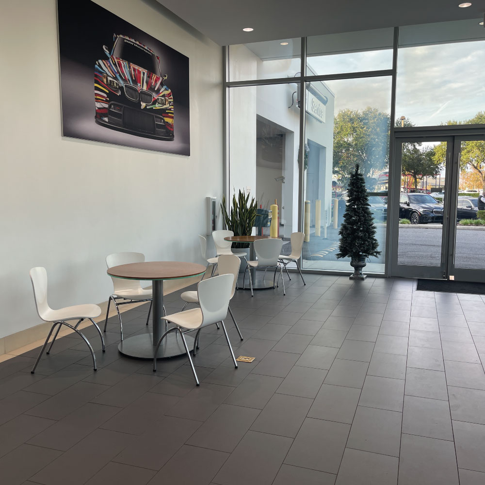 Office cleaning service, showing clean floor and tables.