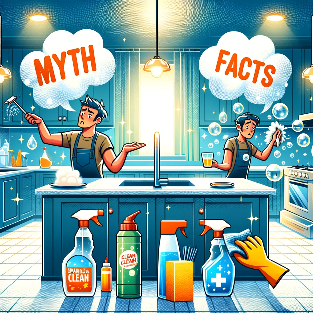 DALL·E 2023 11 06 20.31.28 An illustration for an article titled 'Coming Clean Debunking Common Myths about Cleaning and Disinfecting'. The image should depict a bright, modern