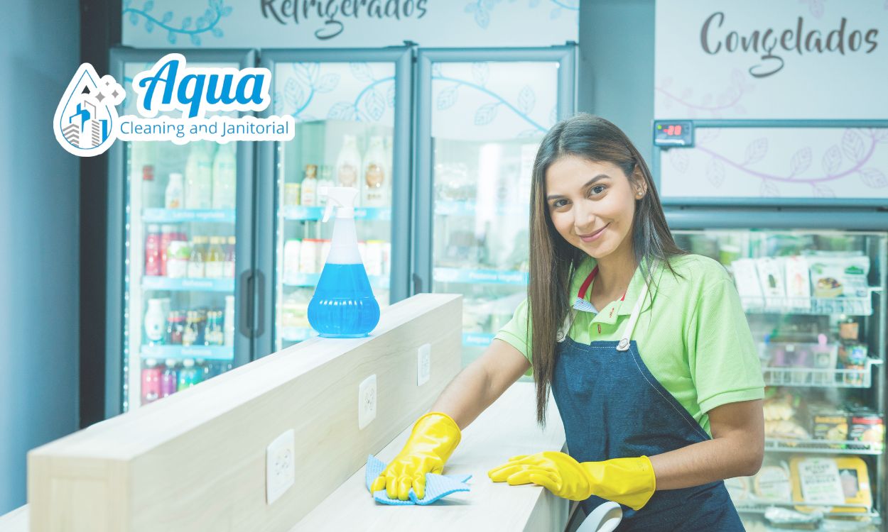 Lady cleaning retail store's countertop, providing retail store cleaning service.