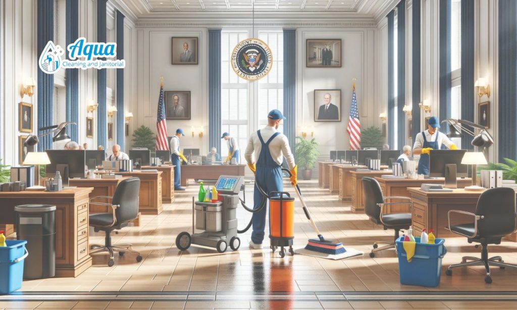 Goverment facility cleaning service, wiping floors.