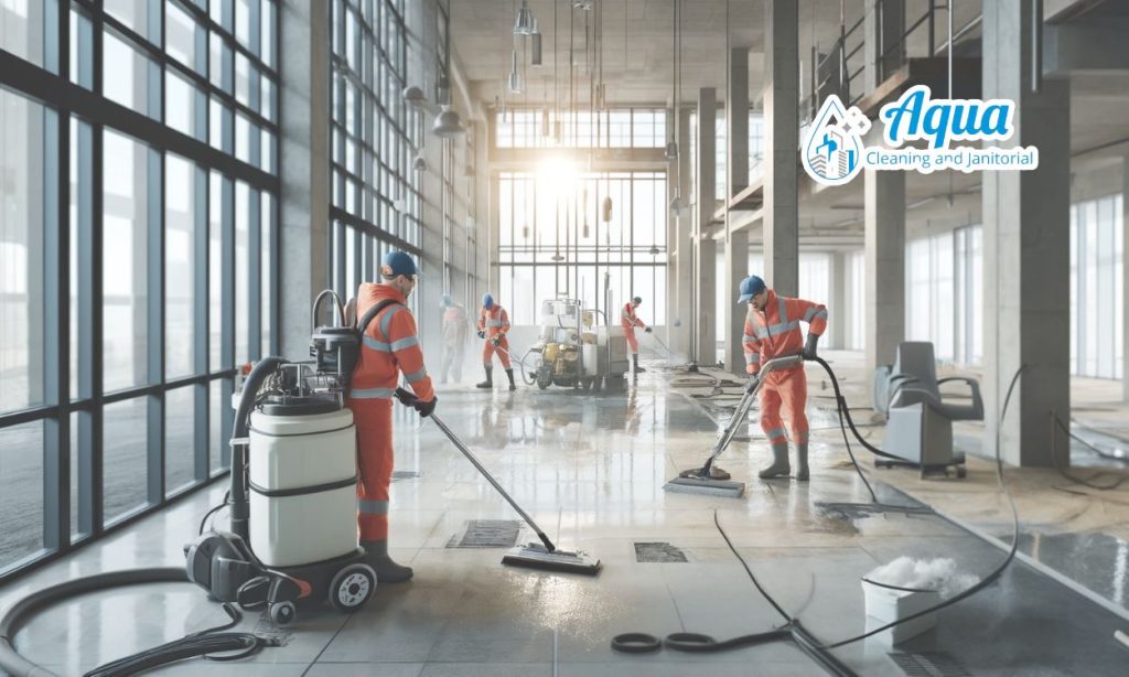 Construction site cleaning service, cleaning crew cleaning post-construction.