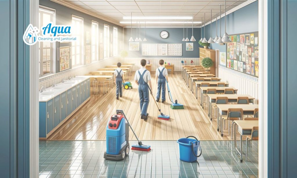 Educational facility cleaning service, cleaning crew cleaning floors.