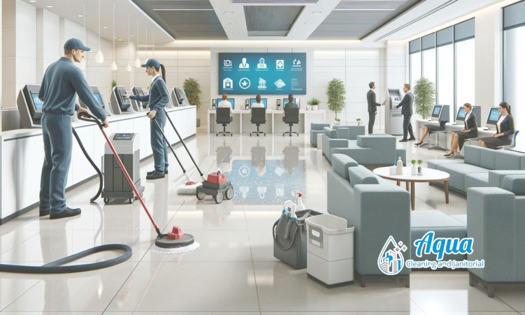 Commercial cleaning service, cleanign crew wiping floors and office tables.