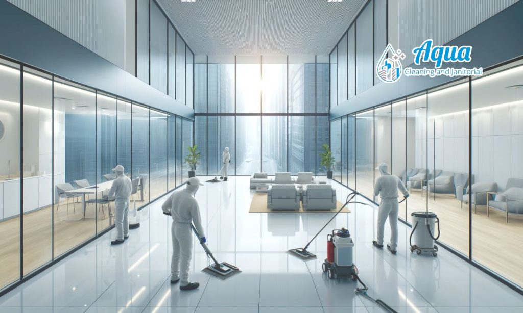 Commercial cleaning services, cleaning crew wiping floors of a commercial space.