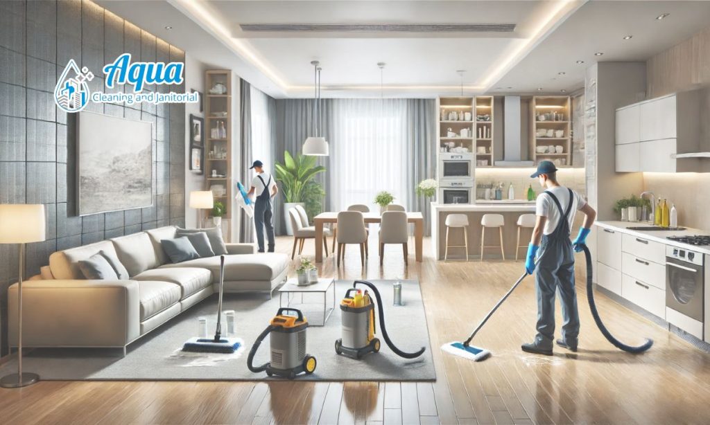 House cleaning service, cleaning crew cleaning home space.